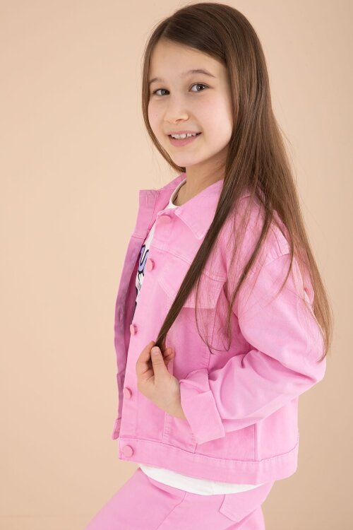 Pembe Cep Detaylı Ceketli Baskılı Tişörtlü Kız Çocuk 3lü Pantolonlu Takım 23589