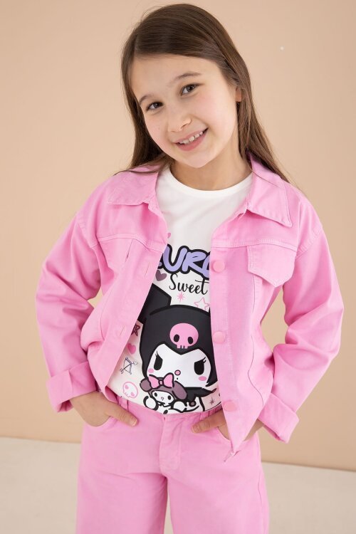 Pembe Cep Detaylı Ceketli Baskılı Tişörtlü Kız Çocuk 3lü Pantolonlu Takım 23589