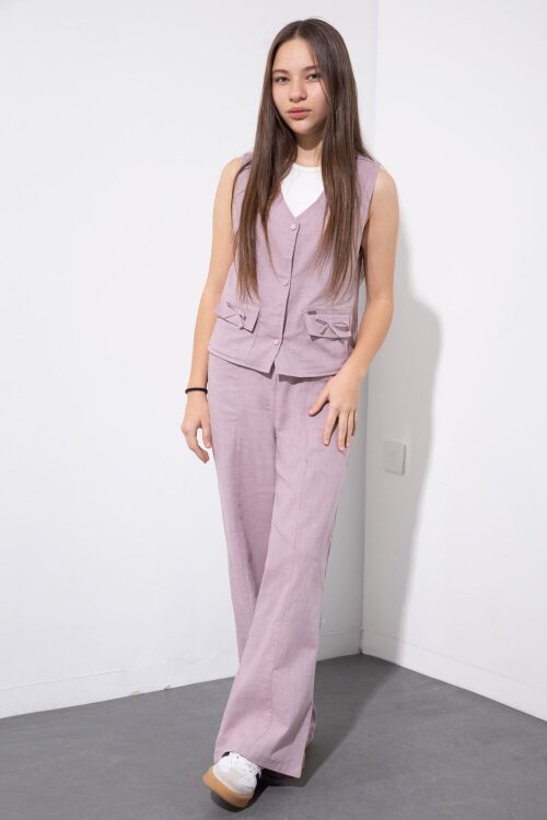 Pembe Cepli Keten Yelekli Yüksek Bel Pantolonlu Kız Çocuk Alt Üst Takım  23545