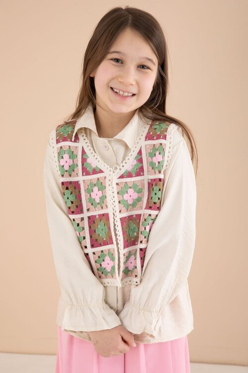 Pembe Çiçek Desen Örgü Süveterli Gömlekli Kız Çocuk Etekli 3lü Takım  23581