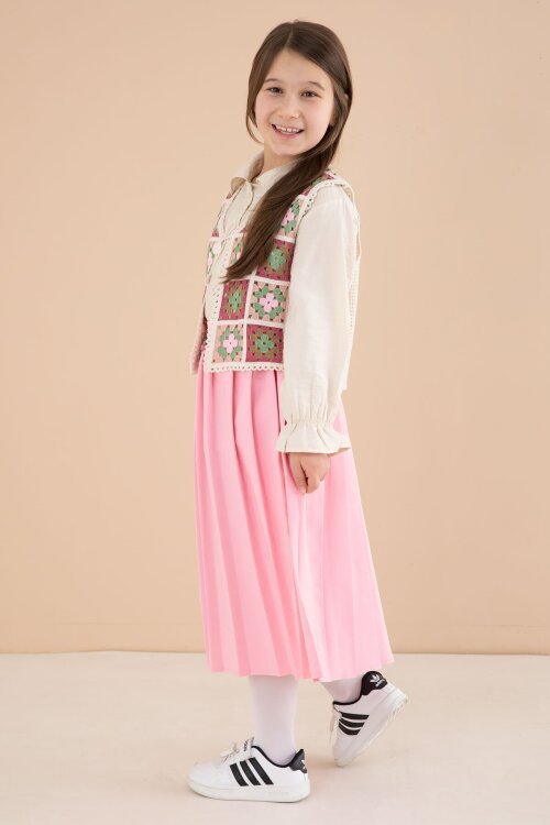 Pembe Çiçek Desen Örgü Süveterli Gömlekli Kız Çocuk Etekli 3lü Takım  23581