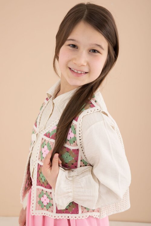 Pembe Çiçek Desen Örgü Süveterli Gömlekli Kız Çocuk Etekli 3lü Takım  23581