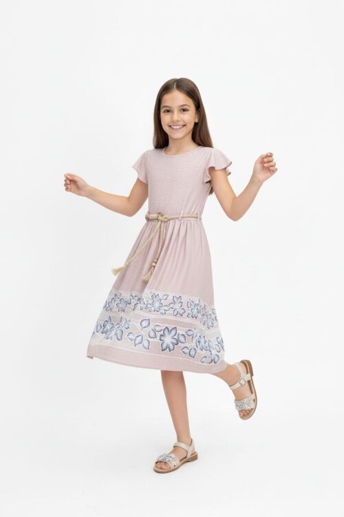 Pembe Çiçek Desenli Hasır Kuşaklı Kısa Kol Kız Çocuk Elbise 22676