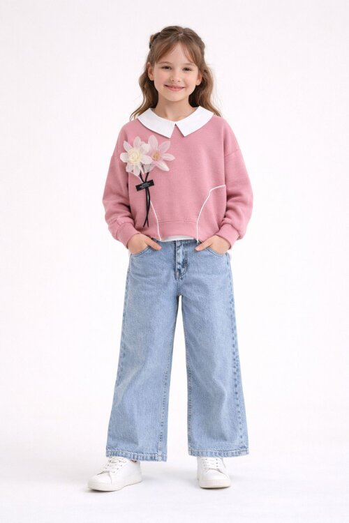 Pembe Çiçek Detaylı Badili Gömlekli Kız Çocuk 3lü Alt Üst Takım 23530