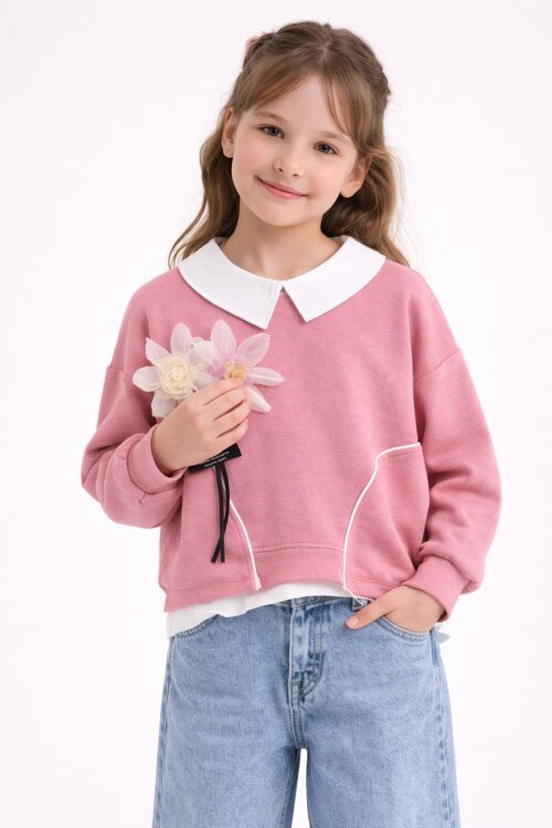 Pembe Çiçek Detaylı Badili Gömlekli Kız Çocuk 3lü Alt Üst Takım 23530