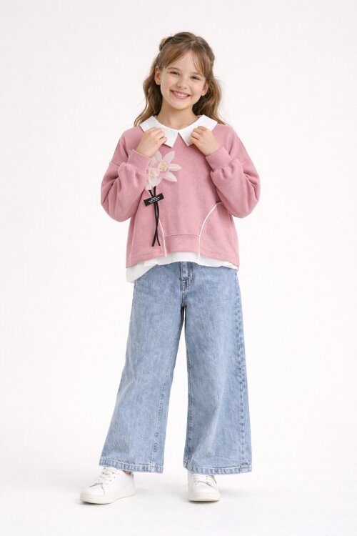 Pembe Çiçek Detaylı Badili Gömlekli Kız Çocuk 3lü Alt Üst Takım 23530