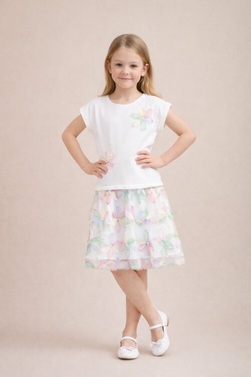 Pembe Çiçek İşlemeli Tüllü Etekli Kısa Kol Bluzlu Kız Çocuk 2li Takım 21046