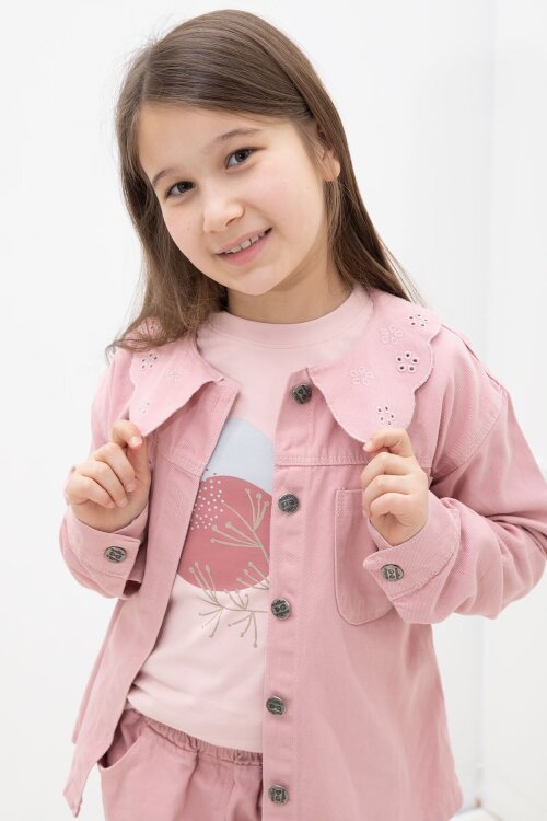 Pembe Çiçek Yaka Detaylı Ceketli Kız Çocuk Pantolonlu 3lü Takım 23630