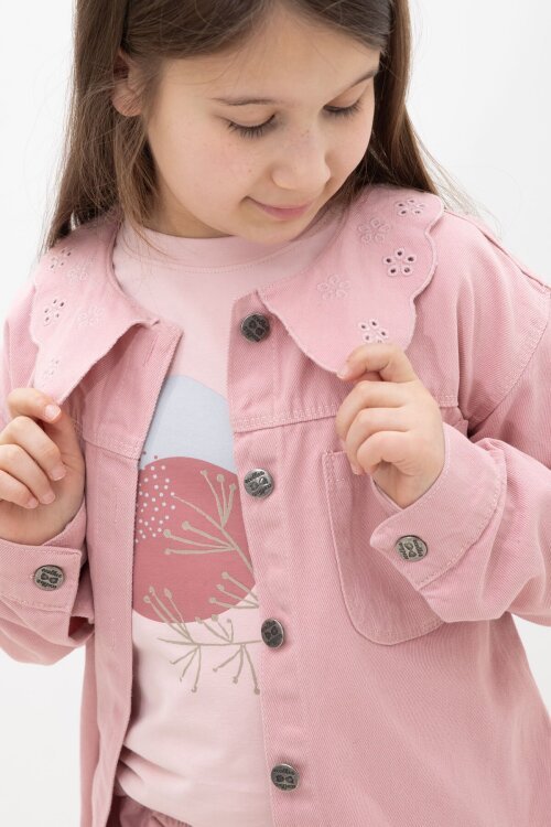 Pembe Çiçek Yaka Detaylı Ceketli Kız Çocuk Pantolonlu 3lü Takım 23630