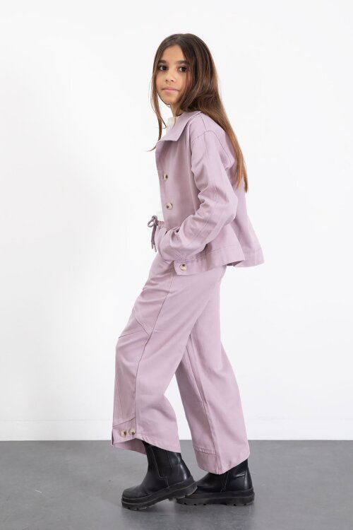 Pembe Çift Düğme Detay Gömlekli Pantolonlu Kız Çocuk Gabardin Takım 23540