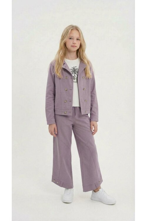 Pembe Çift Düğme Detay Gömlekli Pantolonlu Kız Çocuk Gabardin Takım 23540