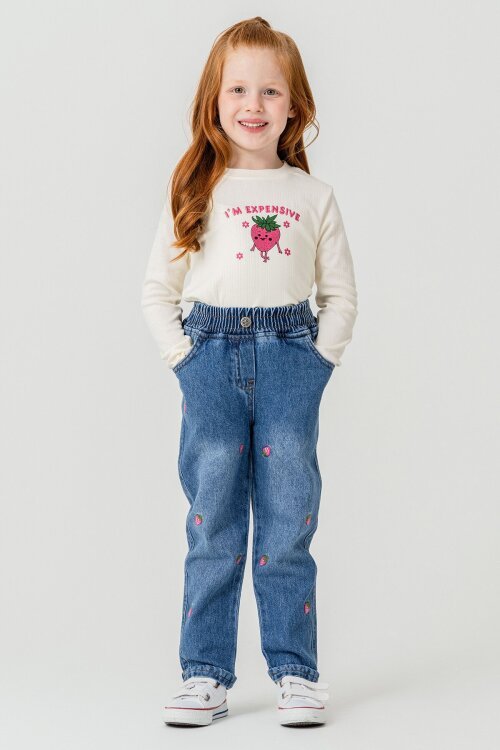 Pembe Çilek Nakışlı Jean Ceketli Pantolonlu Kız Çocuk 3lü Takım 23429