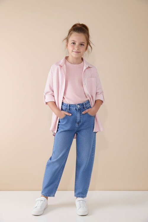 Pembe Çizgili Gömlekli Badili Kız Çocuk Pantolonlu 3lü Takım  23507