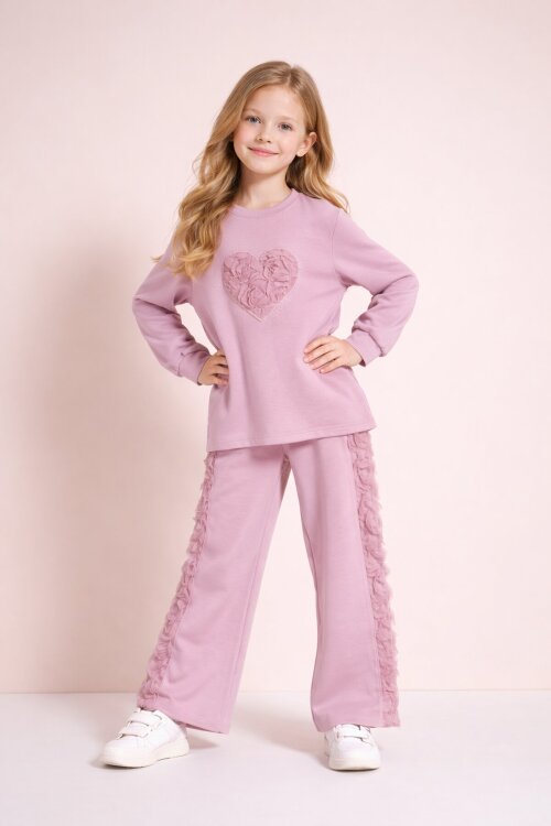 Pembe Gül Detaylı Geniş Paça Pantolonlu Kız Çocuk Badili 2li Takım 23730