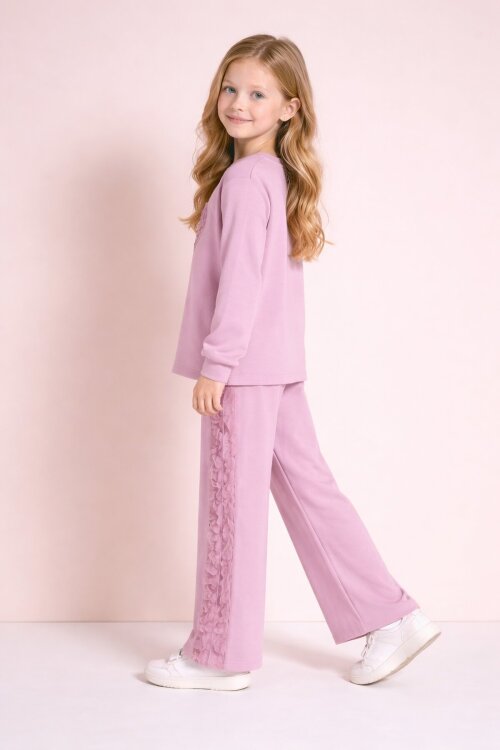 Pembe Gül Detaylı Geniş Paça Pantolonlu Kız Çocuk Badili 2li Takım 23730