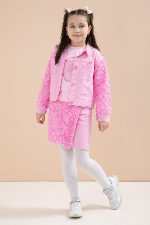 Pembe Gül Detaylı Şort Etekli ve Ceketli Kız Çocuk 3lü Badili Takım 23609