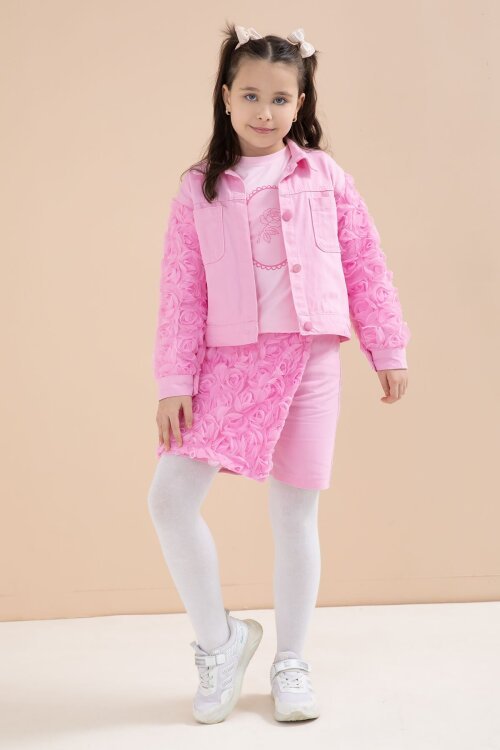 Pembe Gül Detaylı Şort Etekli ve Ceketli Kız Çocuk 3lü Badili Takım 23609