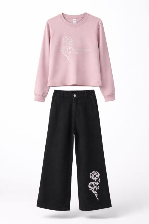 Pembe Gül Nakışlı Badili Jean Pantolonlu Kız Çocuk 2li Takım 23750