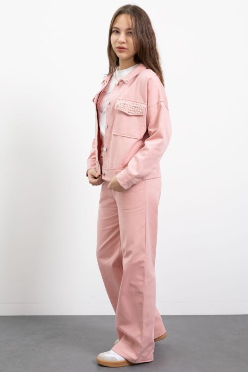 Pembe İnci Detaylı Jean Ceketli Kız Çocuk 3lü Pantolonlu Takım  23481
