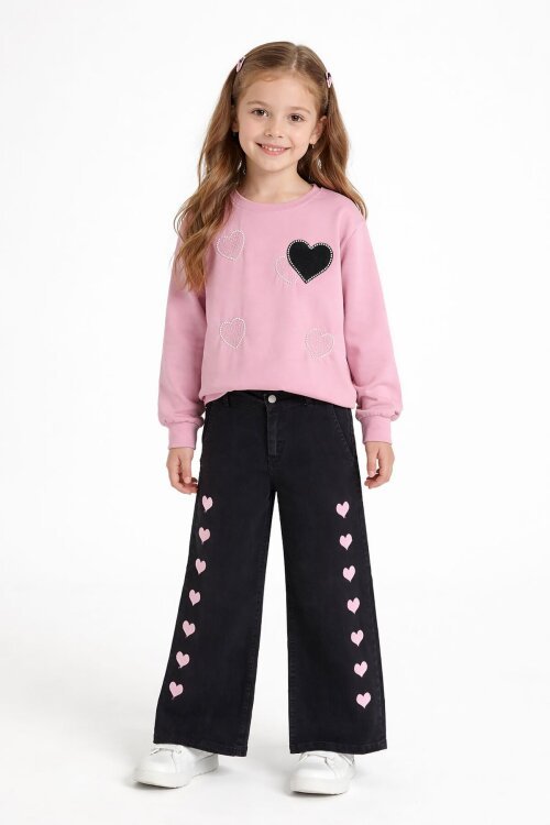 Pembe Kalp Desenli Badili Jean Pantolonlu Kız Çocuk 2li Takım  23744
