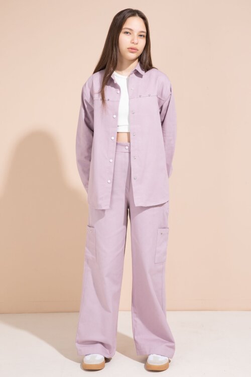 Pembe Kalp İşlemeli Gömlekli Geniş Paça Pantolonlu Kız Çocuk Gabardin Takım 23552