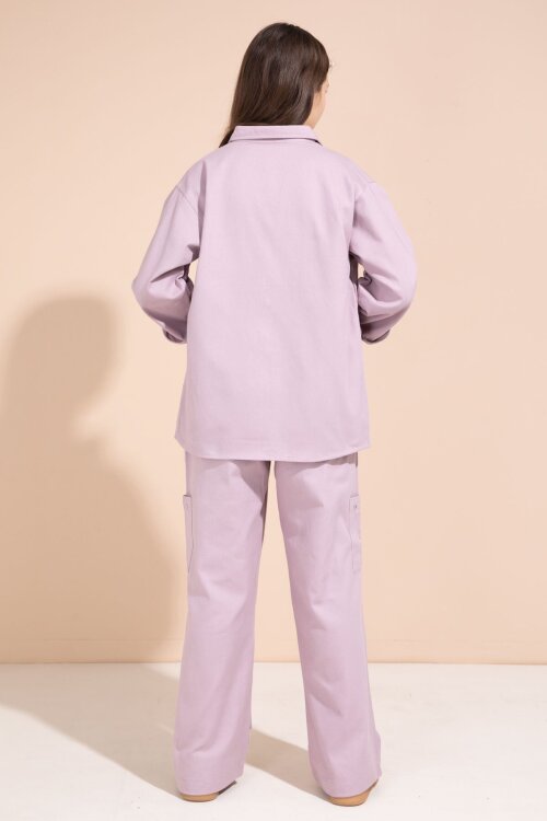 Pembe Kalp İşlemeli Gömlekli Geniş Paça Pantolonlu Kız Çocuk Gabardin Takım 23552