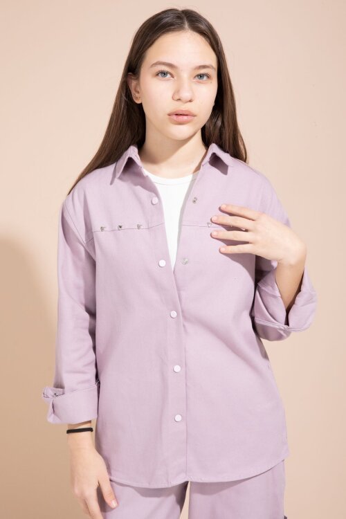 Pembe Kalp İşlemeli Gömlekli Geniş Paça Pantolonlu Kız Çocuk Gabardin Takım 23552