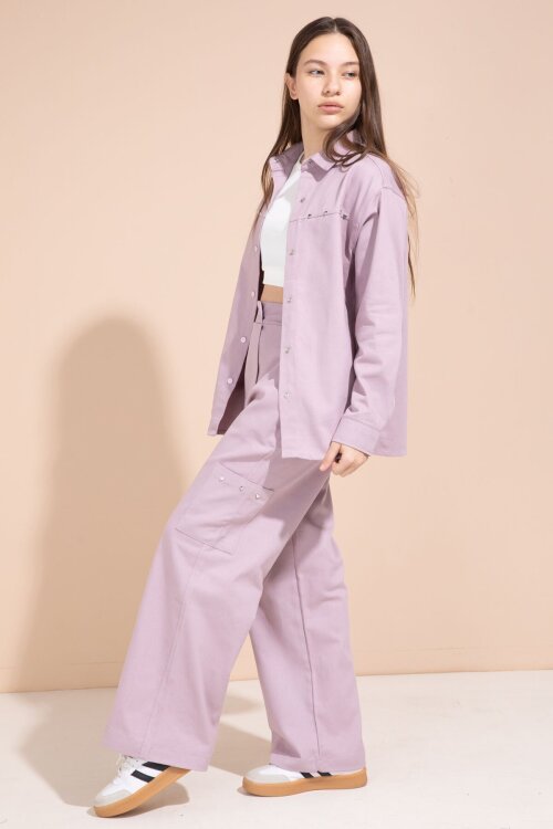 Pembe Kalp İşlemeli Gömlekli Geniş Paça Pantolonlu Kız Çocuk Gabardin Takım 23552