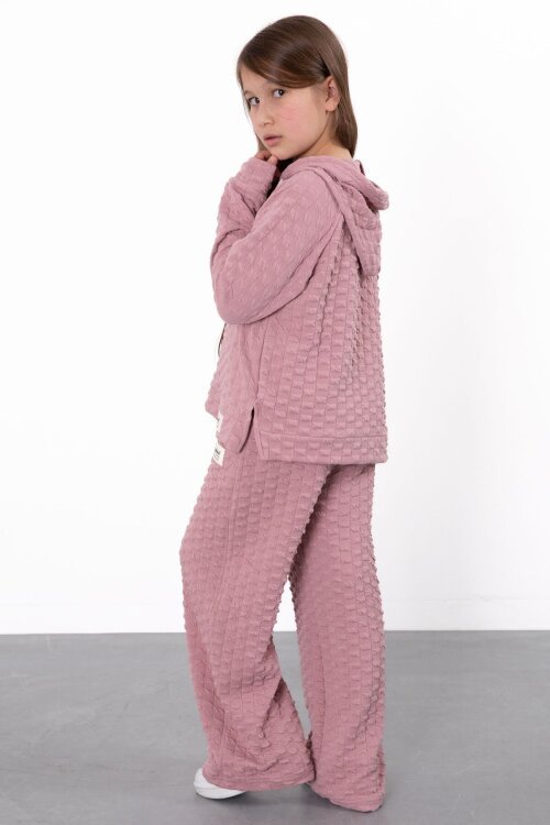 Pembe Kız Çocuk Dokulu Geniş Paça Kapüşonlu Eşofman Takımı 23302