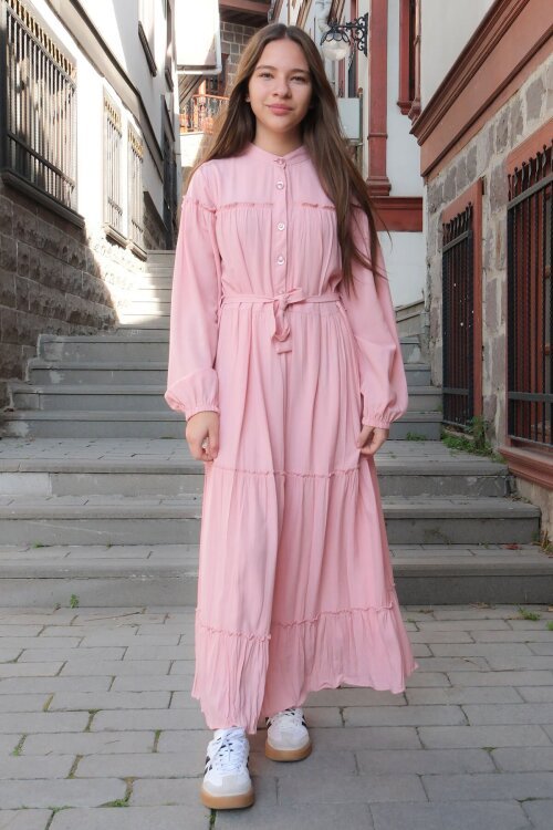 Pembe Kolları Büzgülü Kuşaklı Kız Çocuk Uzun Elbise  23399