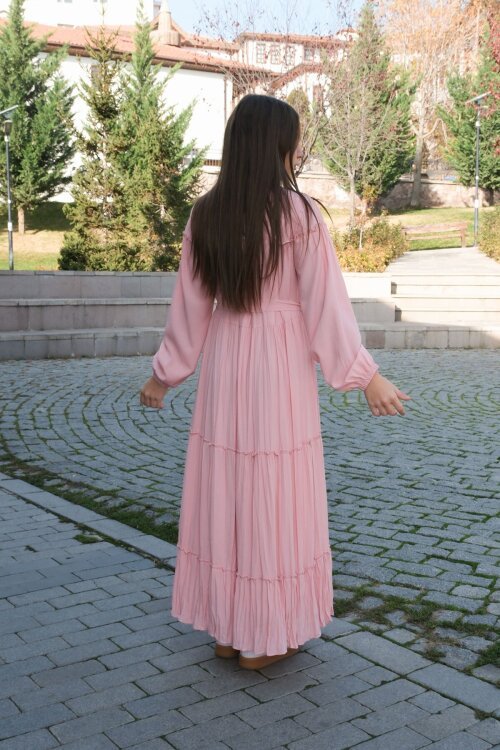 Pembe Kolları Büzgülü Kuşaklı Kız Çocuk Uzun Elbise  23399