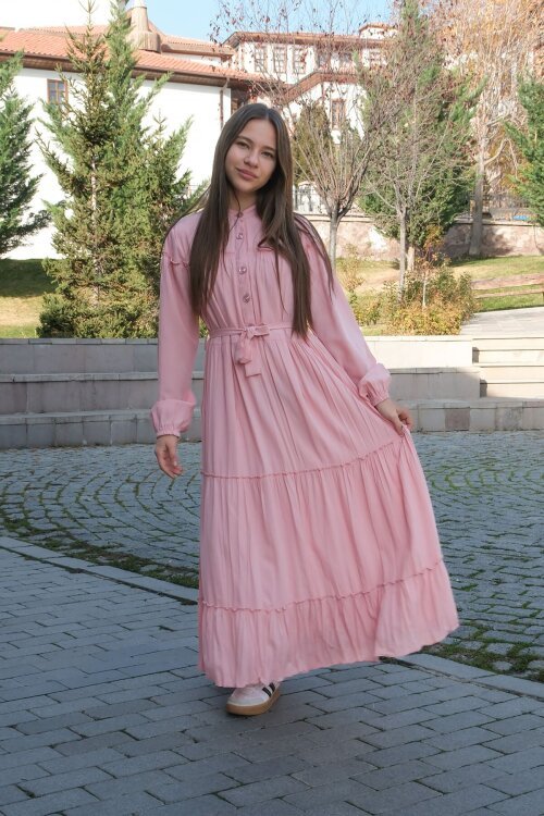 Pembe Kolları Büzgülü Kuşaklı Kız Çocuk Uzun Elbise  23399