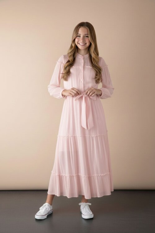 Pembe Kolları Büzgülü Kuşaklı Kız Çocuk Uzun Elbise  23399