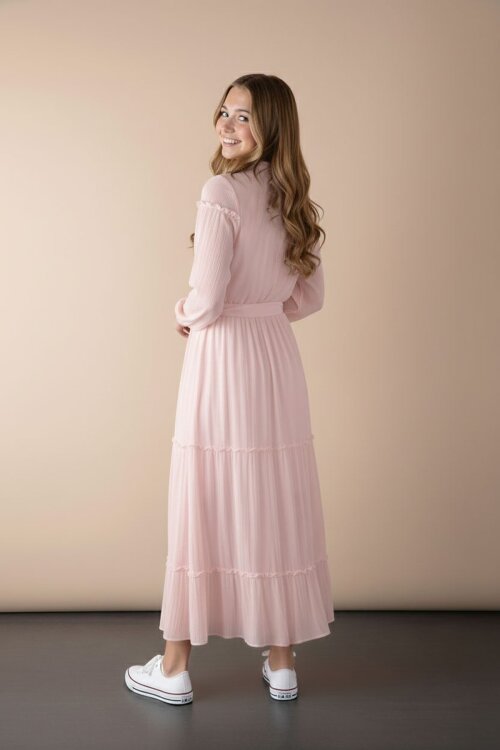 Pembe Kolları Büzgülü Kuşaklı Kız Çocuk Uzun Elbise  23399