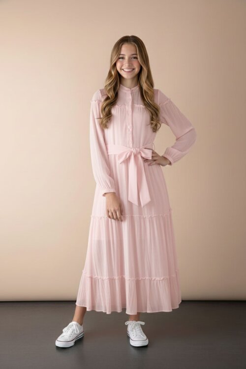 Pembe Kolları Büzgülü Kuşaklı Kız Çocuk Uzun Elbise  23399