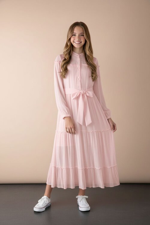 Pembe Kolları Büzgülü Kuşaklı Kız Çocuk Uzun Elbise  23399