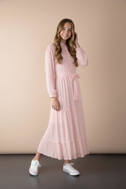 Pembe Kolları Büzgülü Kuşaklı Kız Çocuk Uzun Elbise  23399