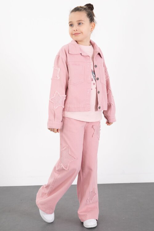 Pembe Kolları Star Taşlı Jean Ceketli Kız Çocuk 3lü Alt Üst Takım 23424