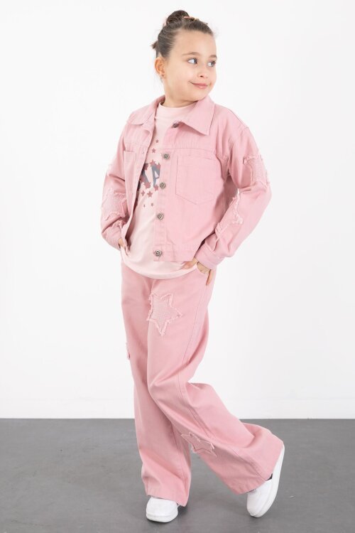 Pembe Kolları Star Taşlı Jean Ceketli Kız Çocuk 3lü Alt Üst Takım 23424