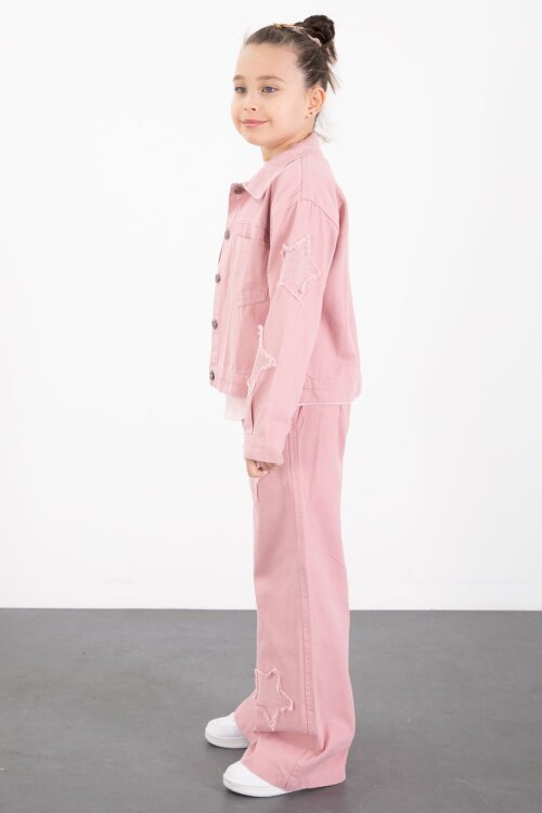 Pembe Kolları Star Taşlı Jean Ceketli Kız Çocuk 3lü Alt Üst Takım 23424