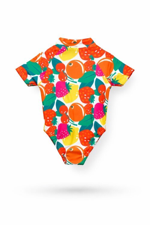 Pembe Meyve Desenli Fermuar Kapamalı Kısa Kol Kız Çocuk Mayo 21133