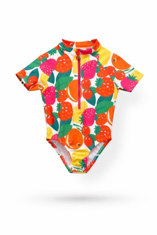 Pembe Meyve Desenli Fermuar Kapamalı Kısa Kol Kız Çocuk Mayo 21133