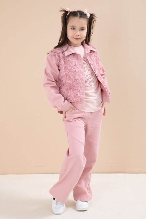 Pembe Önü Gül İşlemeli Ceketli Kız Çocuk Pantolonlu 3lü Alt Üst Takım 23605