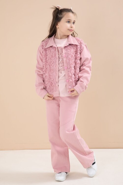 Pembe Önü Gül İşlemeli Ceketli Kız Çocuk Pantolonlu 3lü Alt Üst Takım 23605
