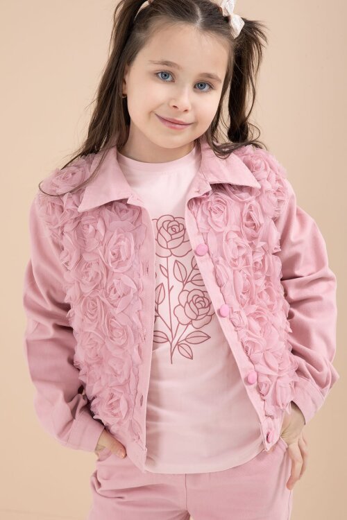 Pembe Önü Gül İşlemeli Ceketli Kız Çocuk Pantolonlu 3lü Alt Üst Takım 23605