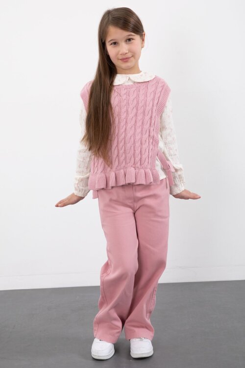 Pembe Örgü Süveterli Desenli Müslin Gömlekli Kız Çocuk 3lü Takım 20678