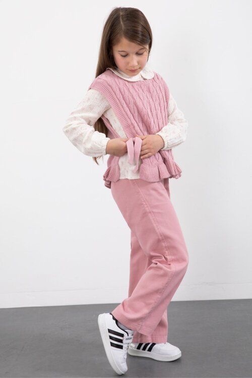 Pembe Örgü Süveterli Desenli Müslin Gömlekli Kız Çocuk 3lü Takım 20678