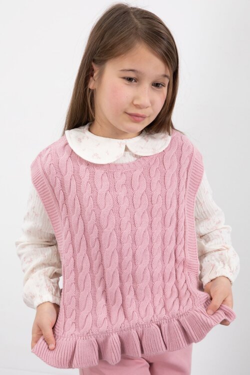 Pembe Örgü Süveterli Desenli Müslin Gömlekli Kız Çocuk 3lü Takım 20678