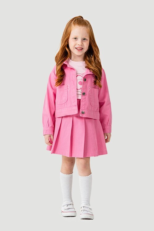 Pembe Papatya Nakışlı Ceketli Kız Çocuk Jean Ceketli 3lü Takım 23431