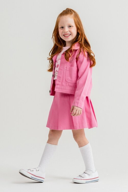 Pembe Papatya Nakışlı Ceketli Kız Çocuk Jean Ceketli 3lü Takım 23431